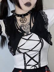 Lace Patchwork Straps Short Sleeve T Shirt