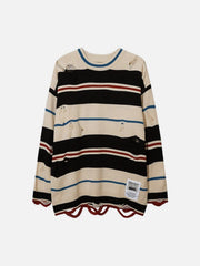 Ripped Hole Stripe Knit Sweater