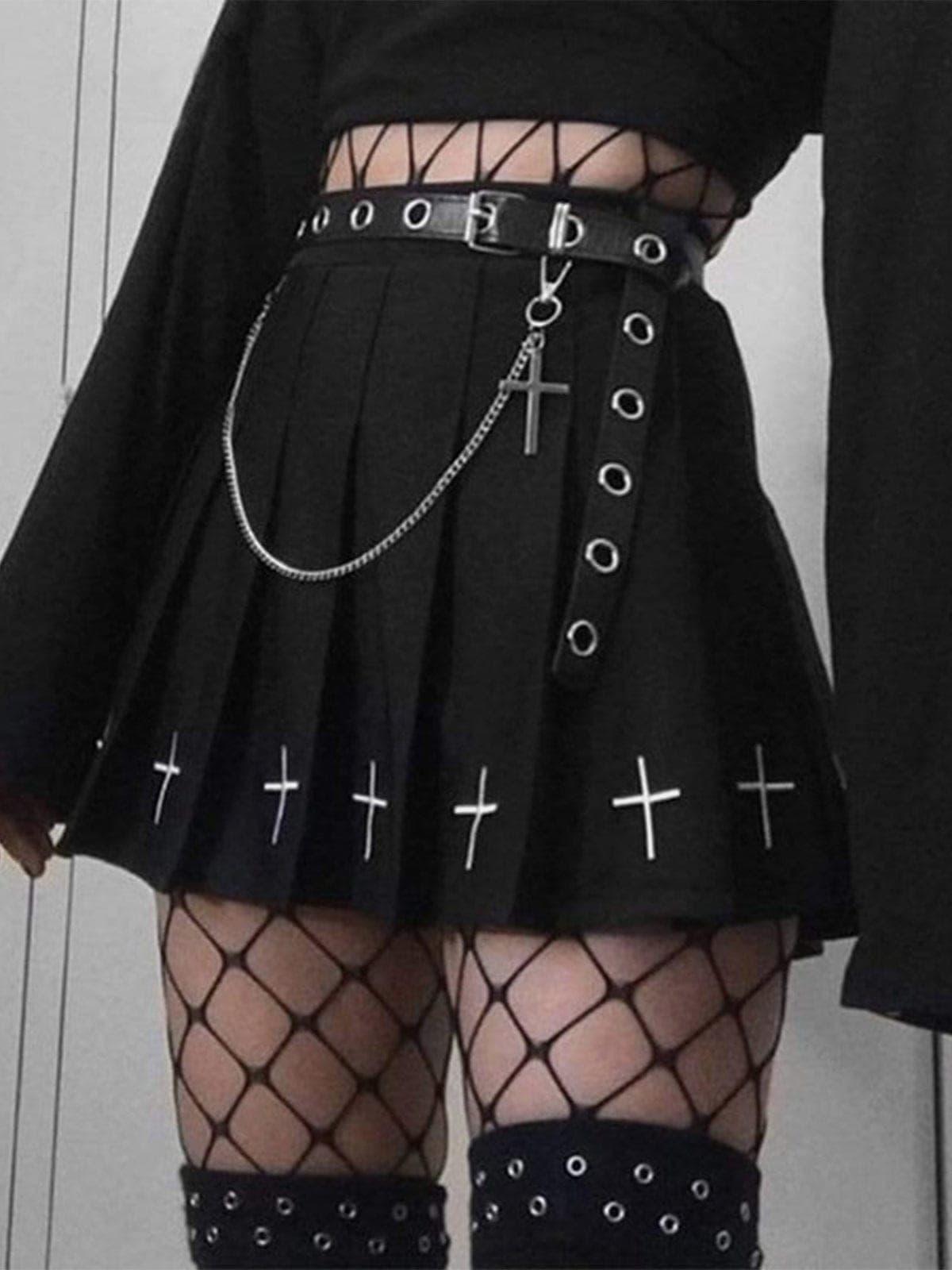 Dark Cross Print High-waist Pleated Skirt