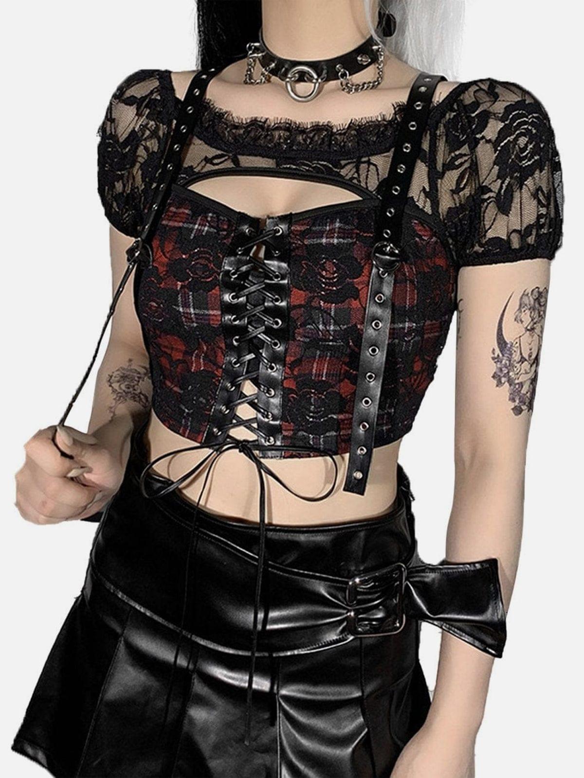 Lace Sheer Navel Tie Off Shoulder Mesh T Shirt