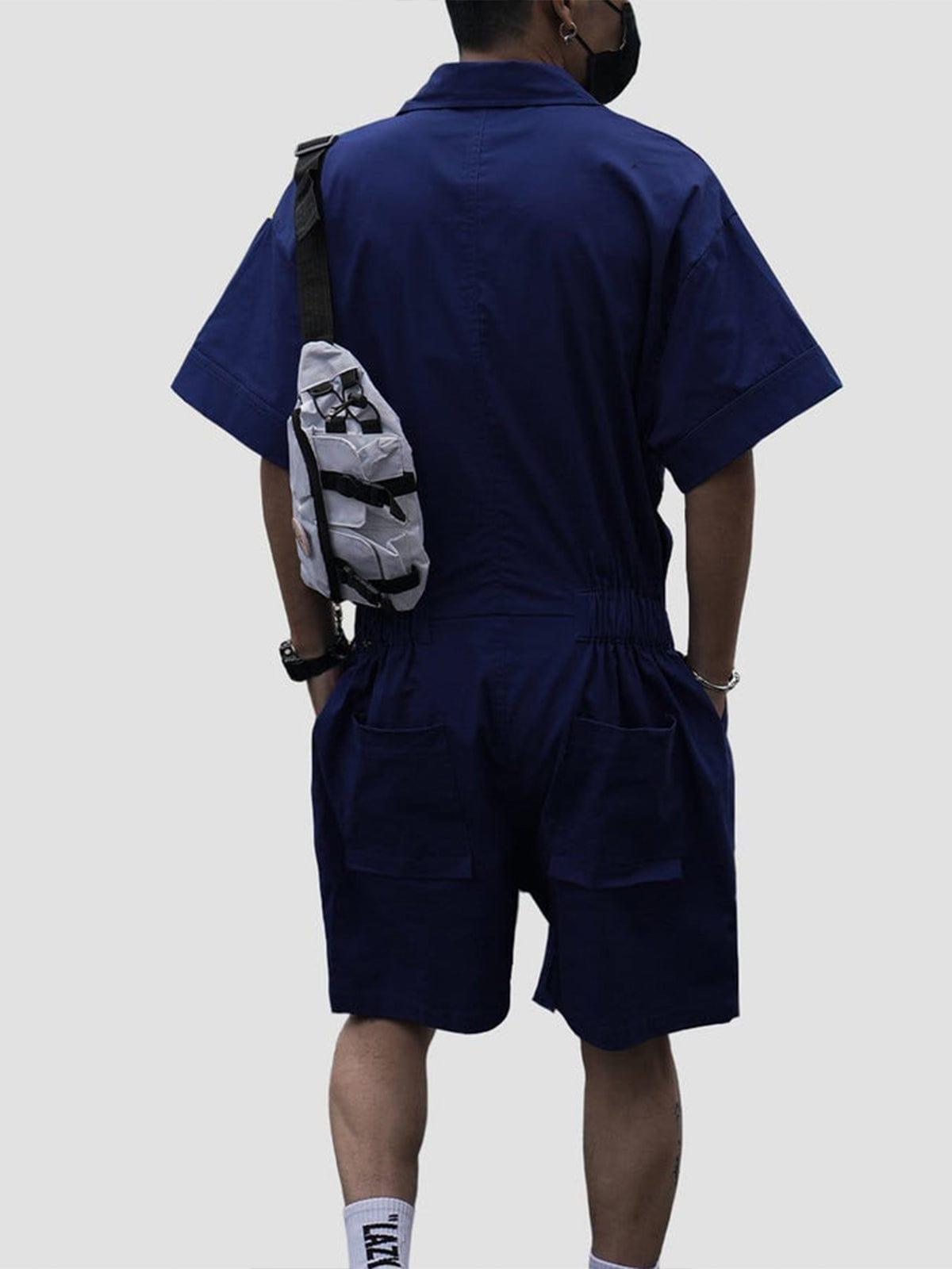 Functional Patchwork Elastic Waistband Cotton Jumpsuit
