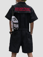 Functional Back Letters Embroidery Cotton Jumpsuit