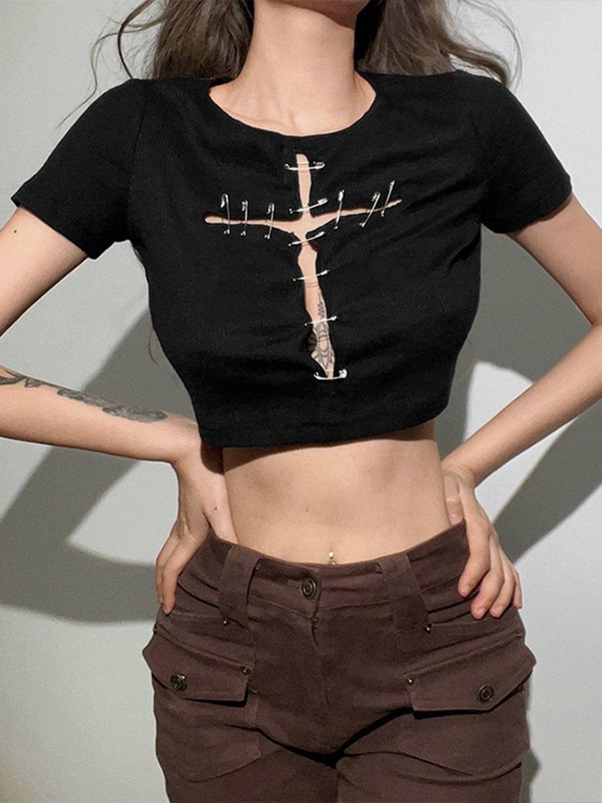 Cross Hollow Out Pins Short Sleeve T Shirt