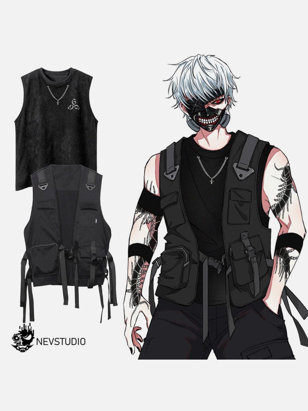Function Dark Ninja Ribbons Pockets Cardigan Vest