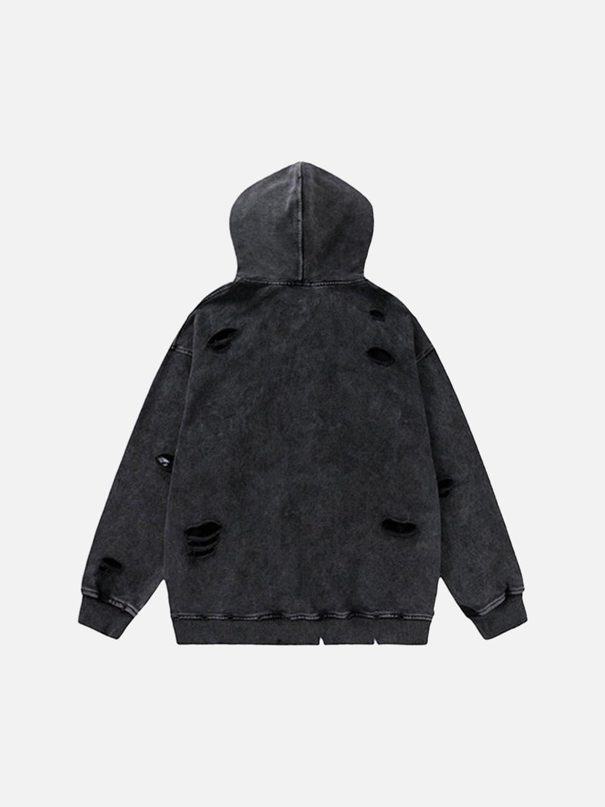 Ripped Hole Letters Embroidery Washed Hoodie