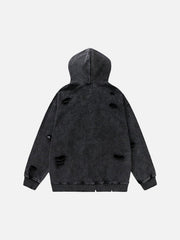 Ripped Hole Letters Embroidery Washed Hoodie