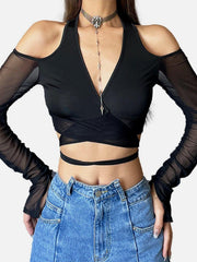Hollow Mesh Cross Tie Long Sleeve T Shirt