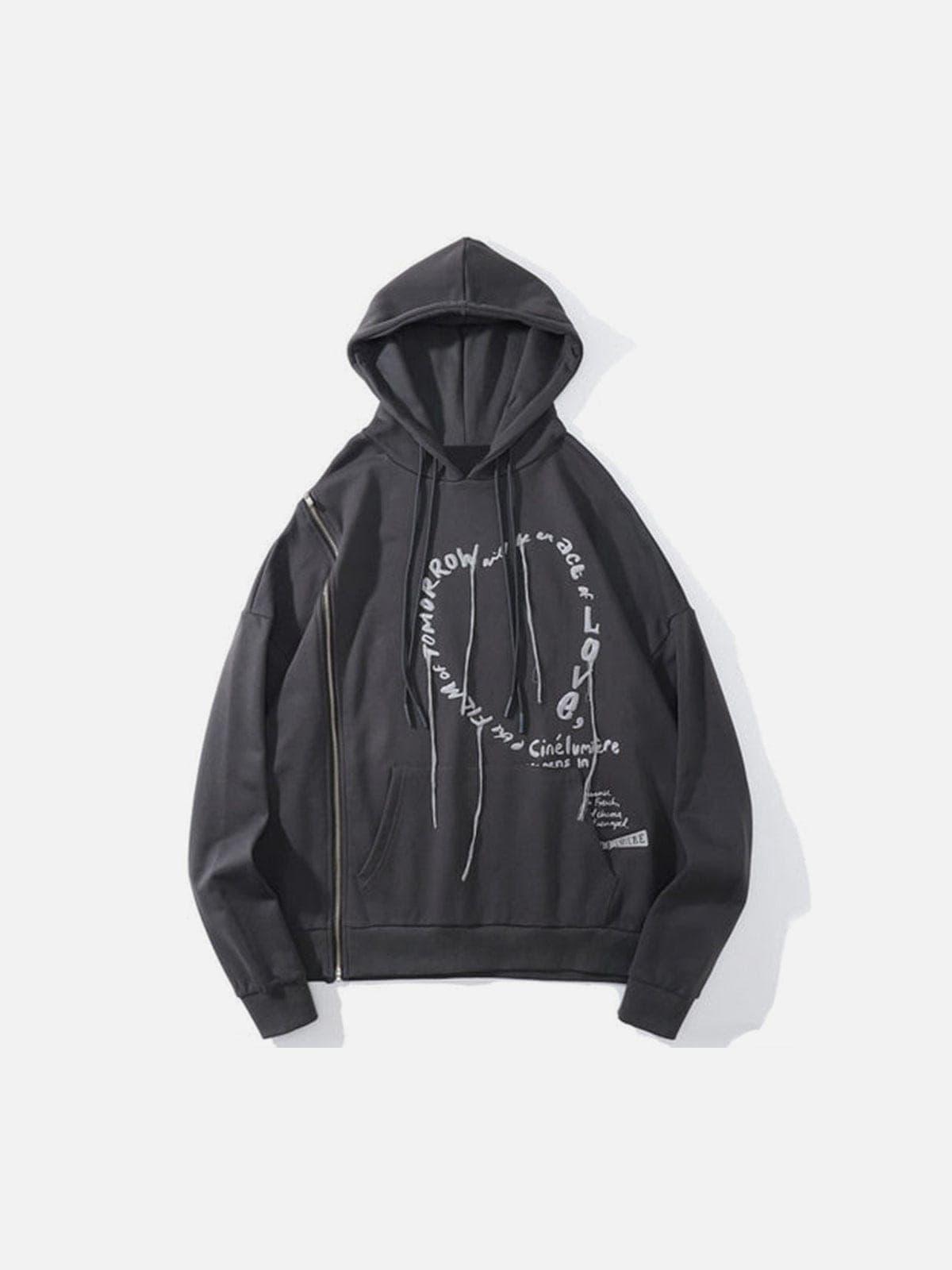 Side Zipper Embroidered Alphabet Tassels Oversized Hoodie