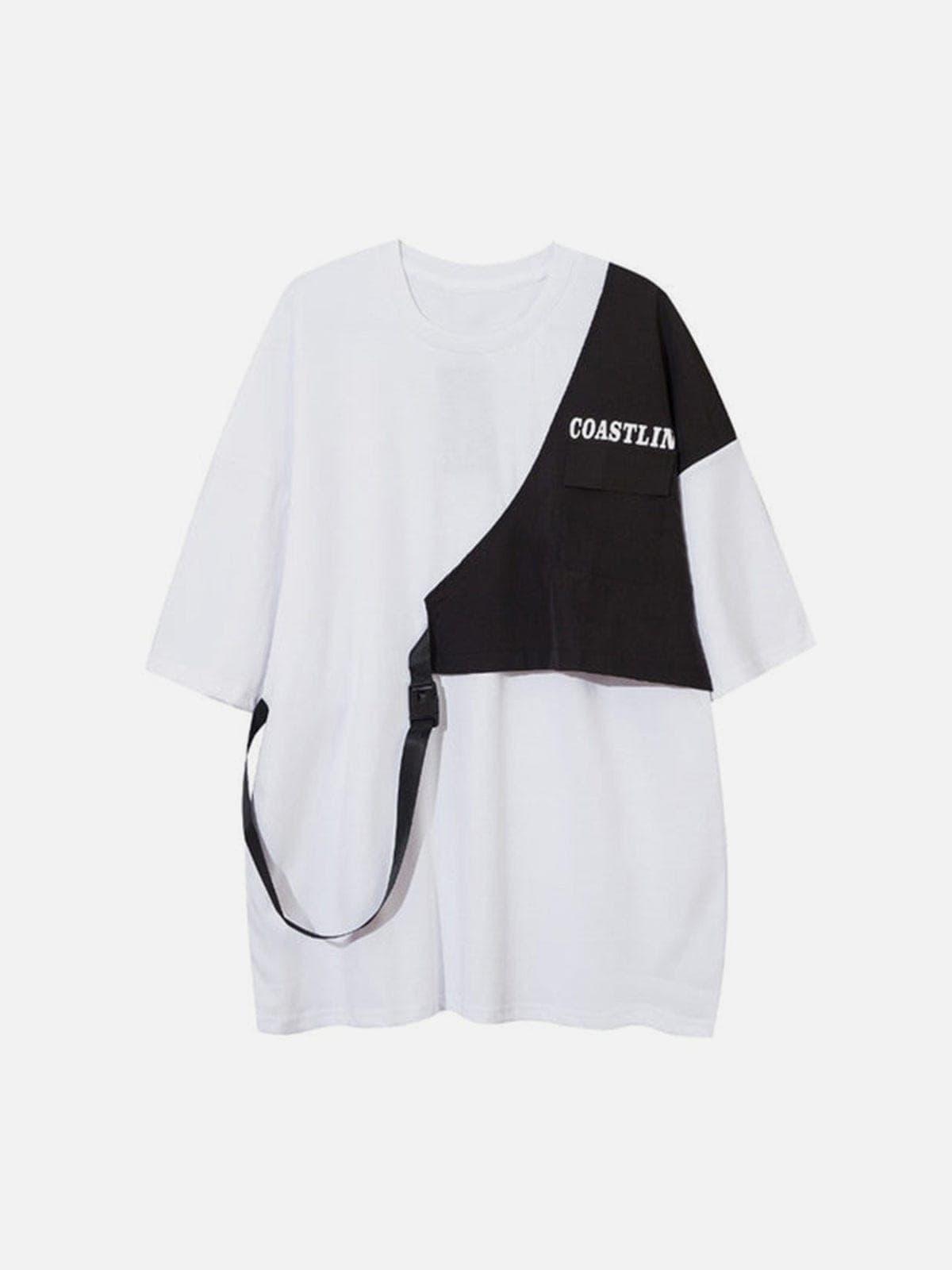 Contrasting Color Stitching Buckle Streamer Tee