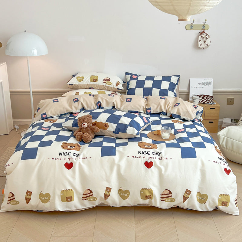 Blue Grid Bear Bedding Set