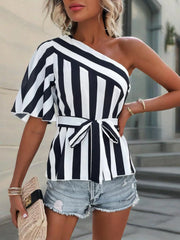 One Shoulder Striped Blouse with Belt