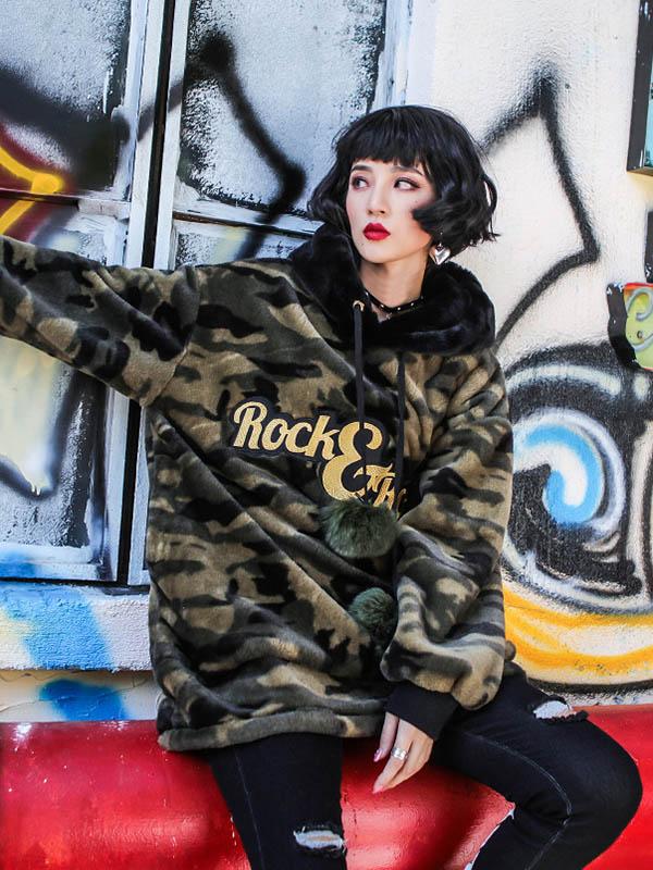 Camouflage Plush Casual Loose Hoodie