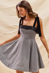 Houndstooth Fit Flare Mini Dress with Shoulder Tie