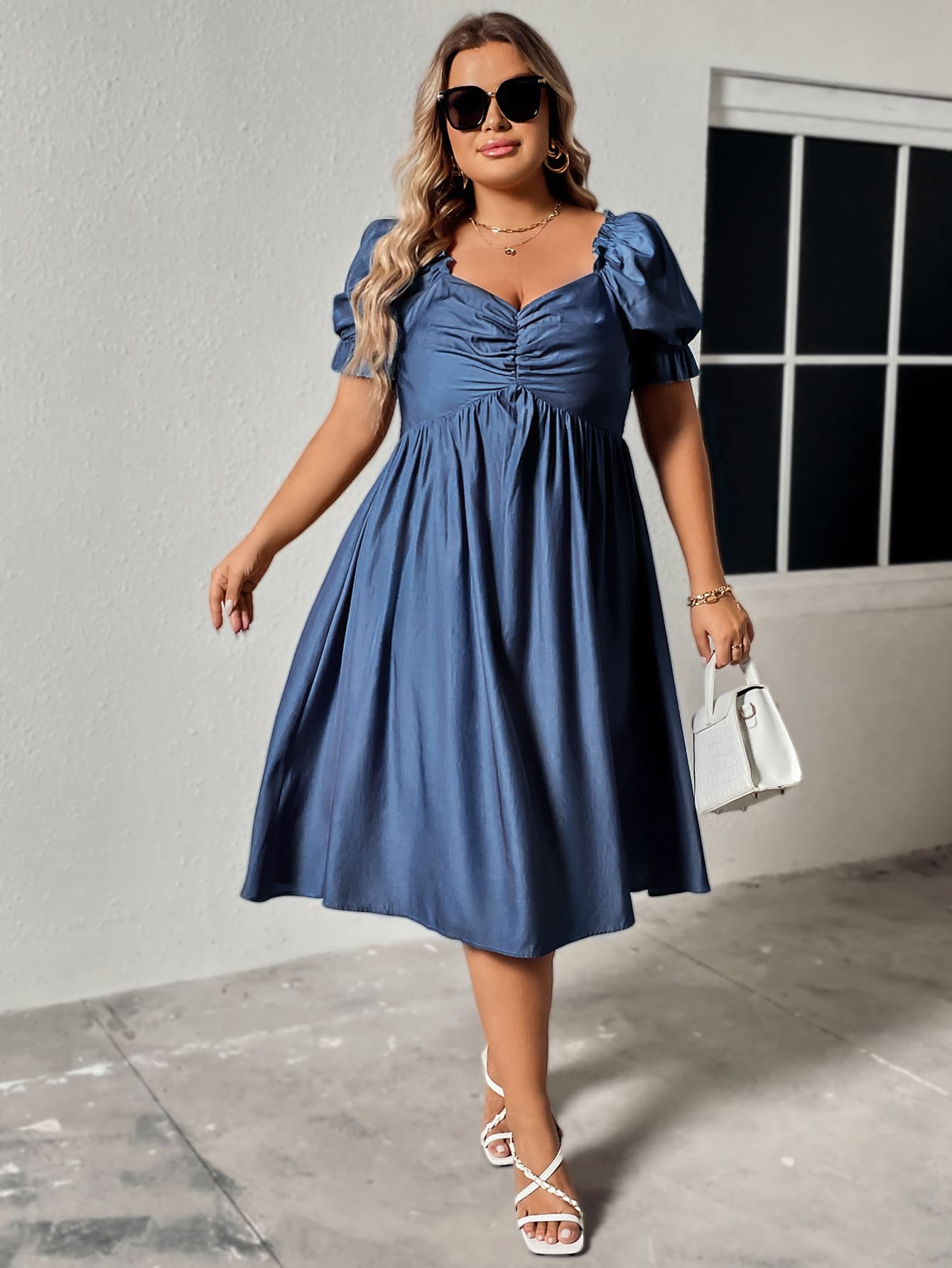 Plus Size Ruched Flounce Sleeves Dress