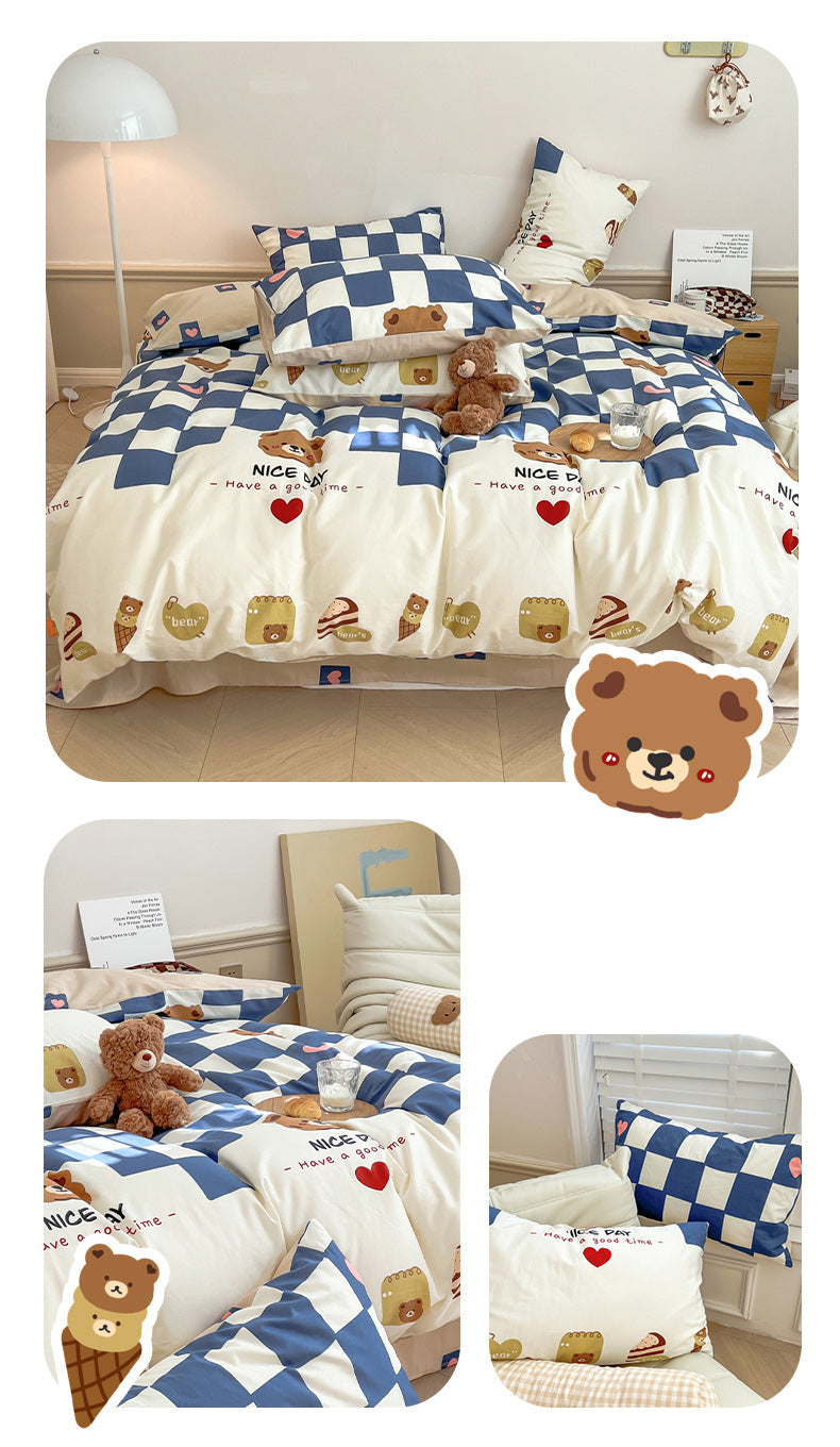 Blue Grid Bear Bedding Set