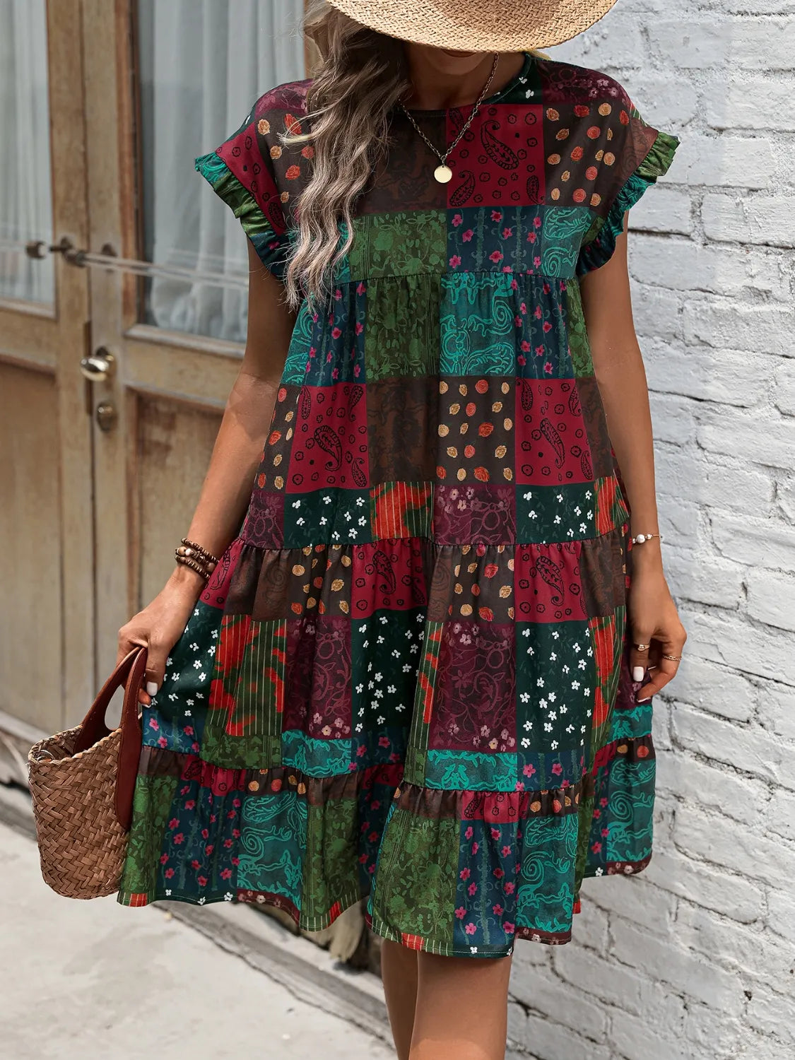 Color Block Print Short Sleeve Mini Dress
