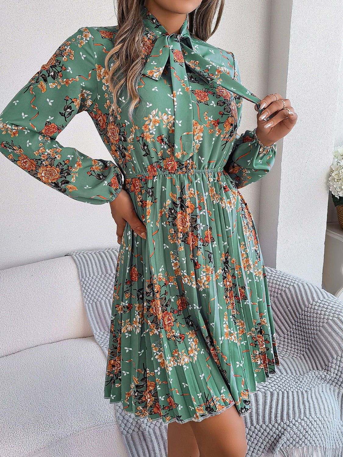 Pleated Printed-Tie Neck Long Sleeve Dress