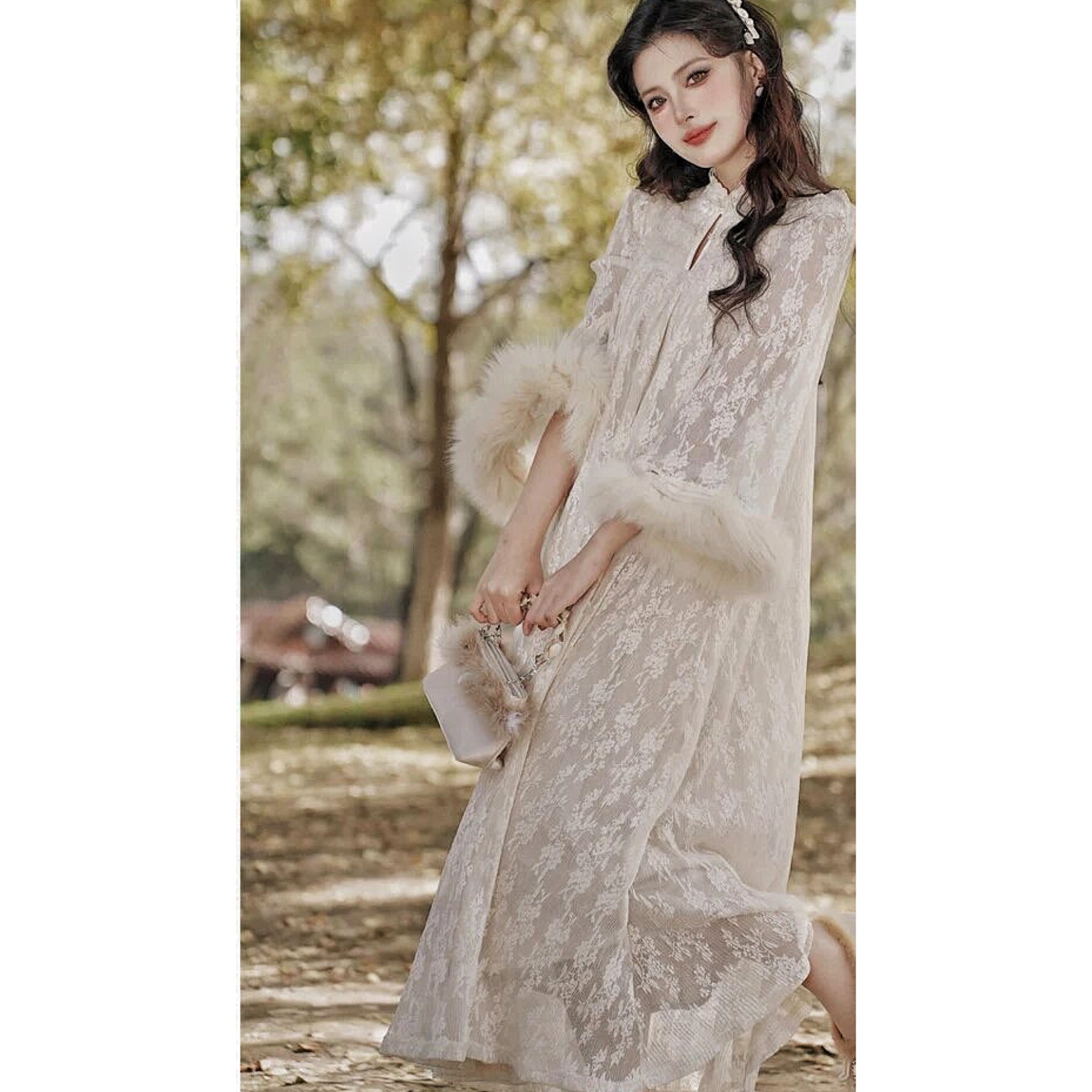 Magic Muse Faux Fur Lace Dress with Pearl Belt