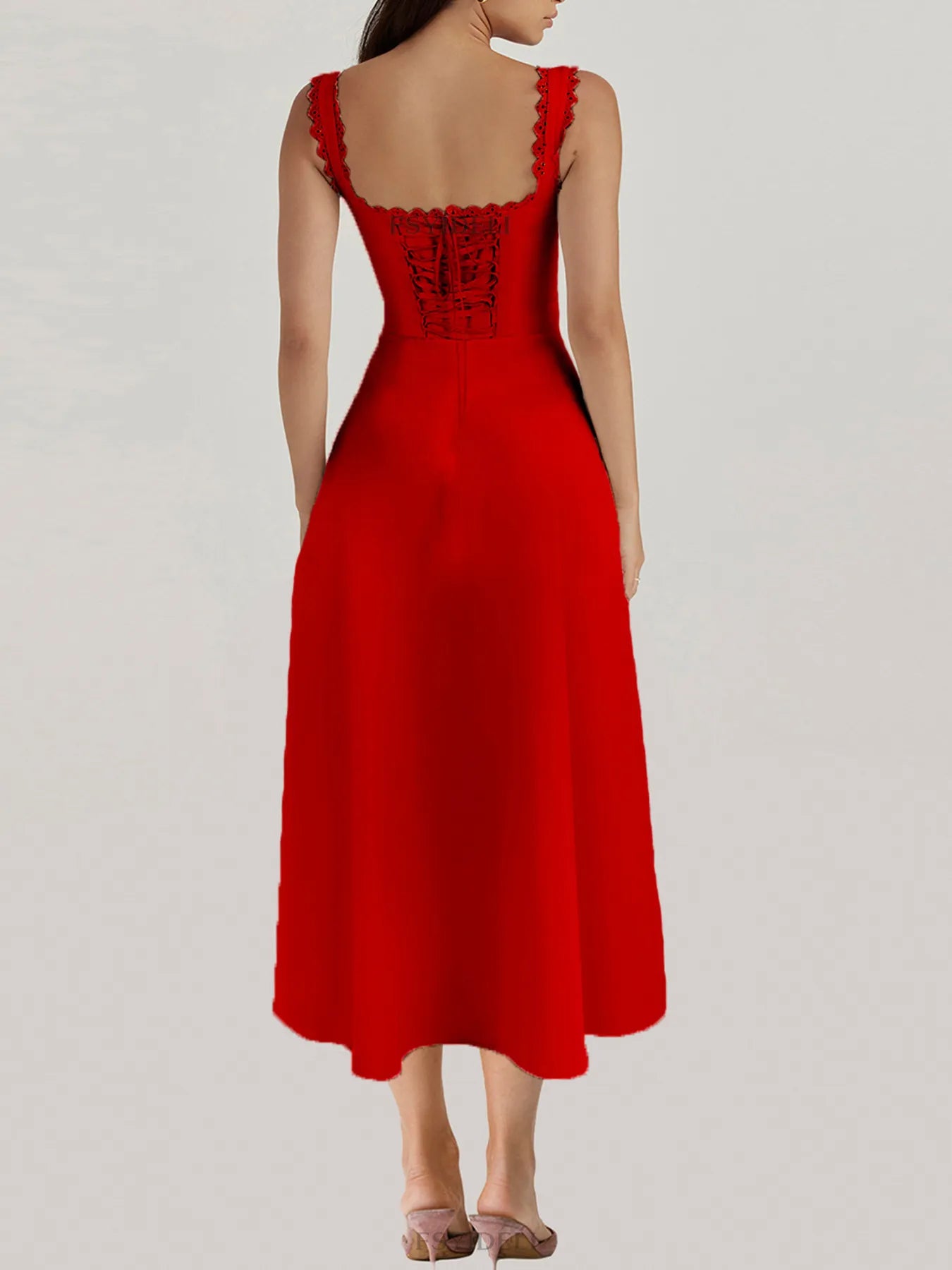V-Neck Midi Dress with Back Lace-Up