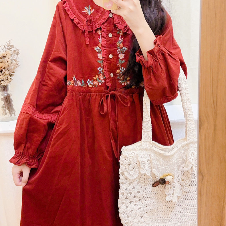 Foxy Fall Cottagecore Dress with Embroidery