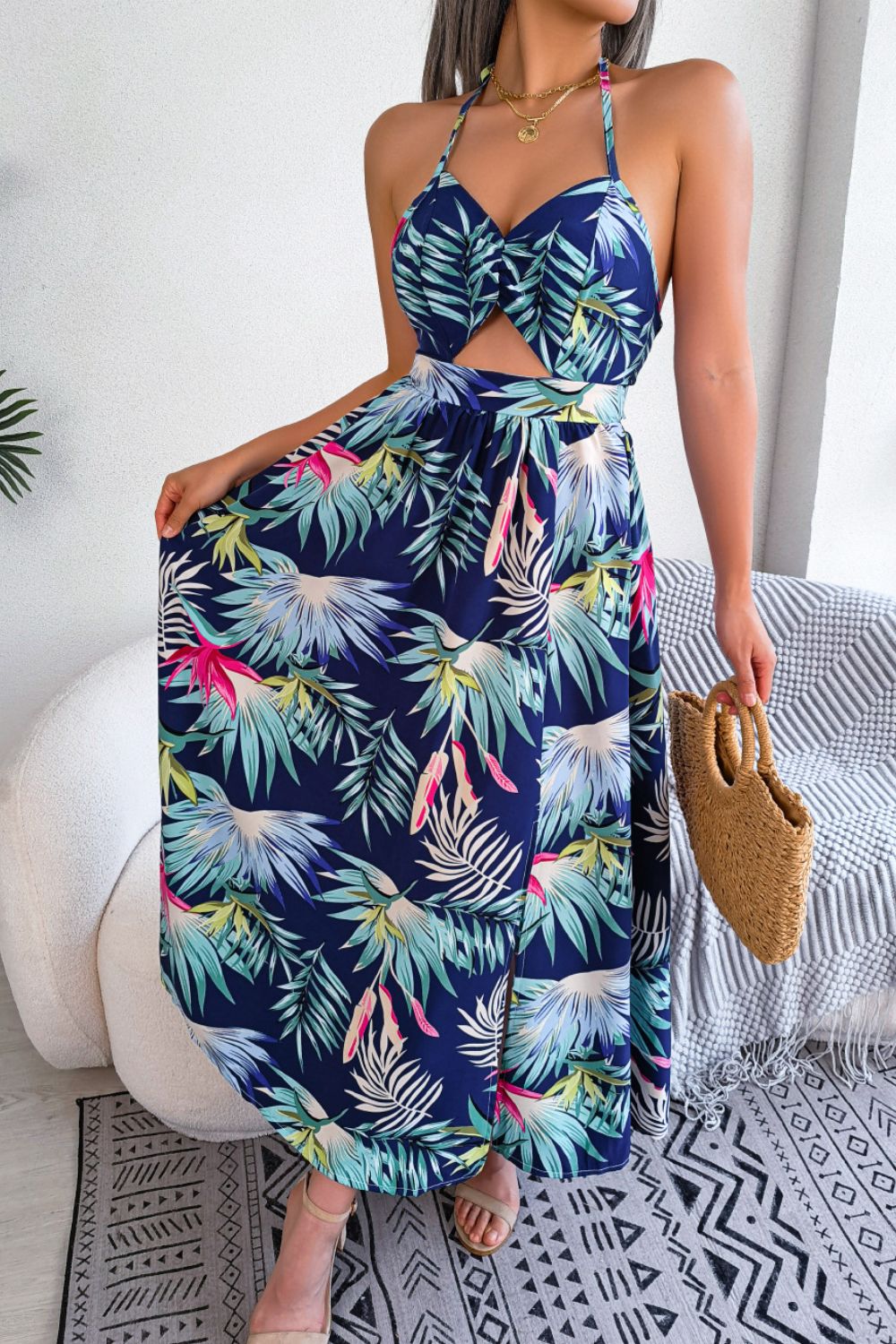 Botanical Tied Backless Cutout Slit Dress