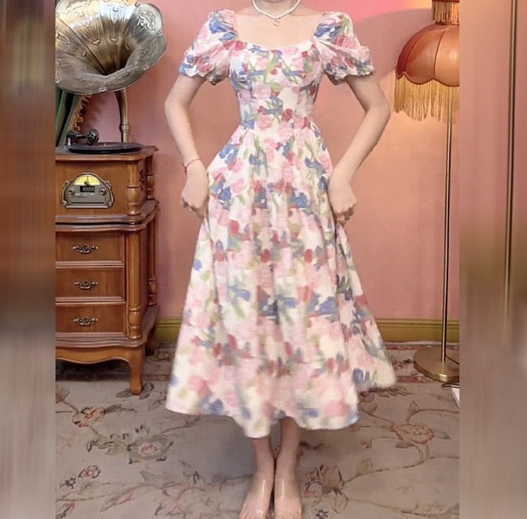 Dalila Floral Pearl Decorated Vintage-Inspired Dress