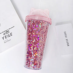 Kawaii Sequined Double Wall Cat Ears Bottle