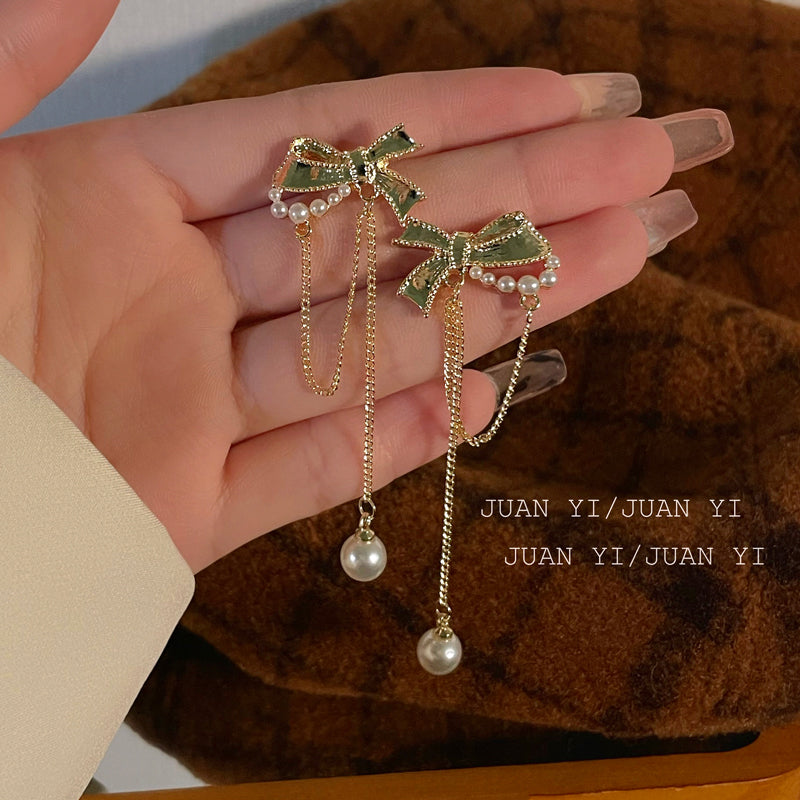 Pearl Bow Fringe Earrings