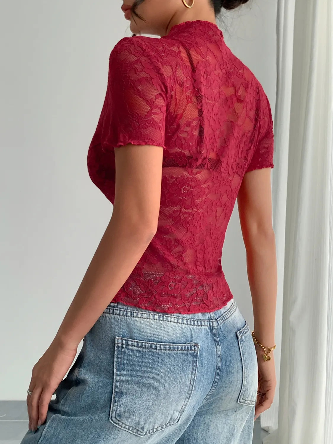 Lace Mock Neck Short Sleeve Top