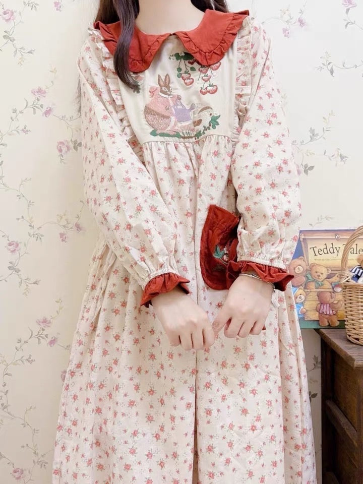 Rabbit's Strawberry Garden Cottagecore Goblincore Dress with Embroidery