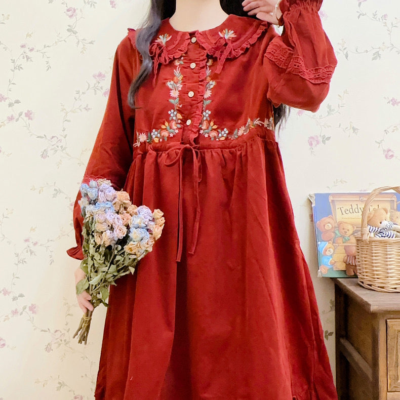 Foxy Fall Cottagecore Dress with Embroidery