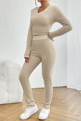 V-Neck Long Sleeve Cropped Top and Pants Set