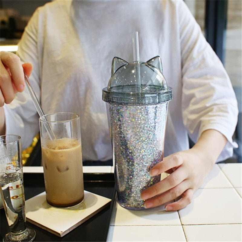 Kawaii Sequined Double Wall Cat Ears Bottle