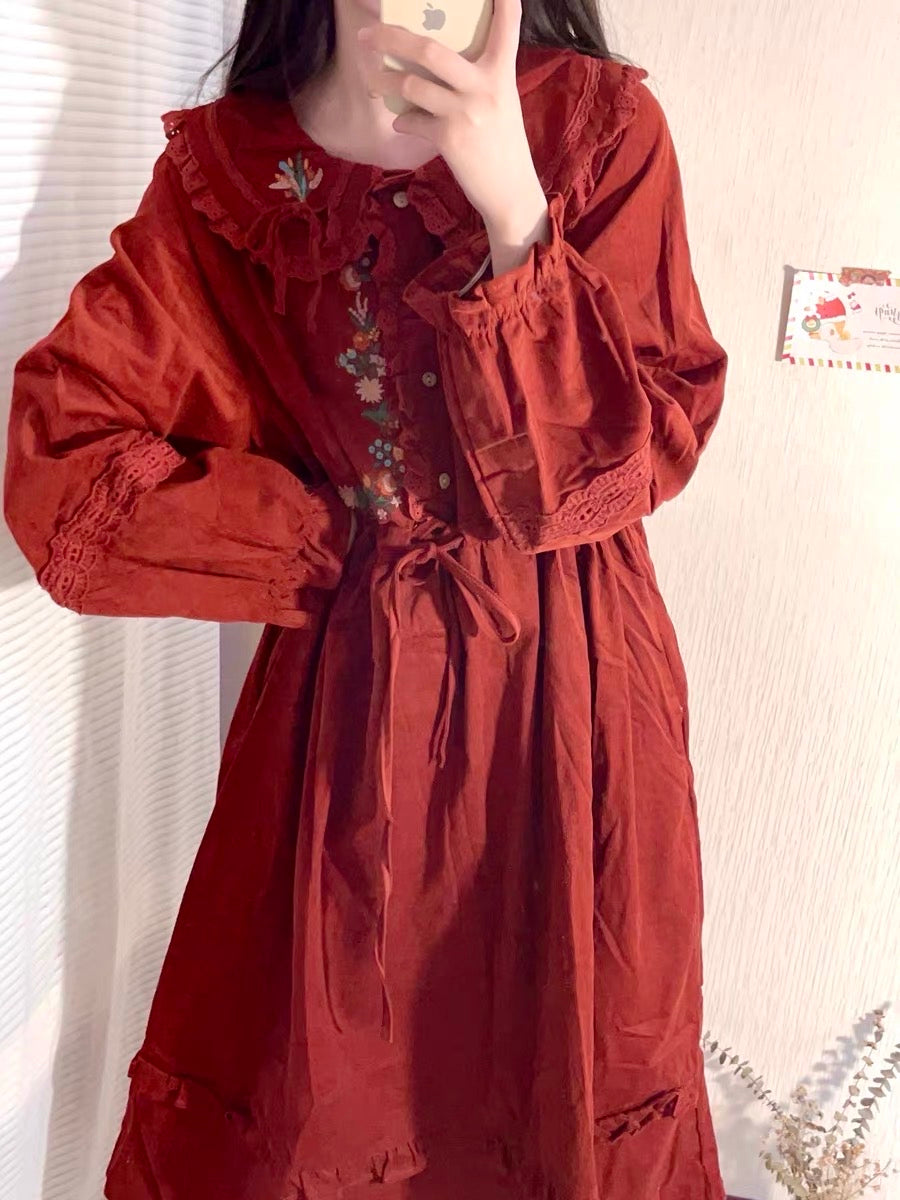 Foxy Fall Cottagecore Dress with Embroidery