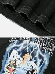 Anagoc Vintage Lightning Skull Print Washed Tee