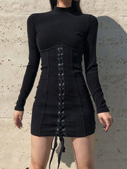 Half Turtleneck Patchwork Cross Tie Dress