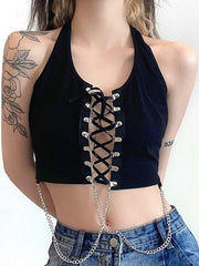 Dark Cross Strap Hollow Chain Halter Sexy Vest