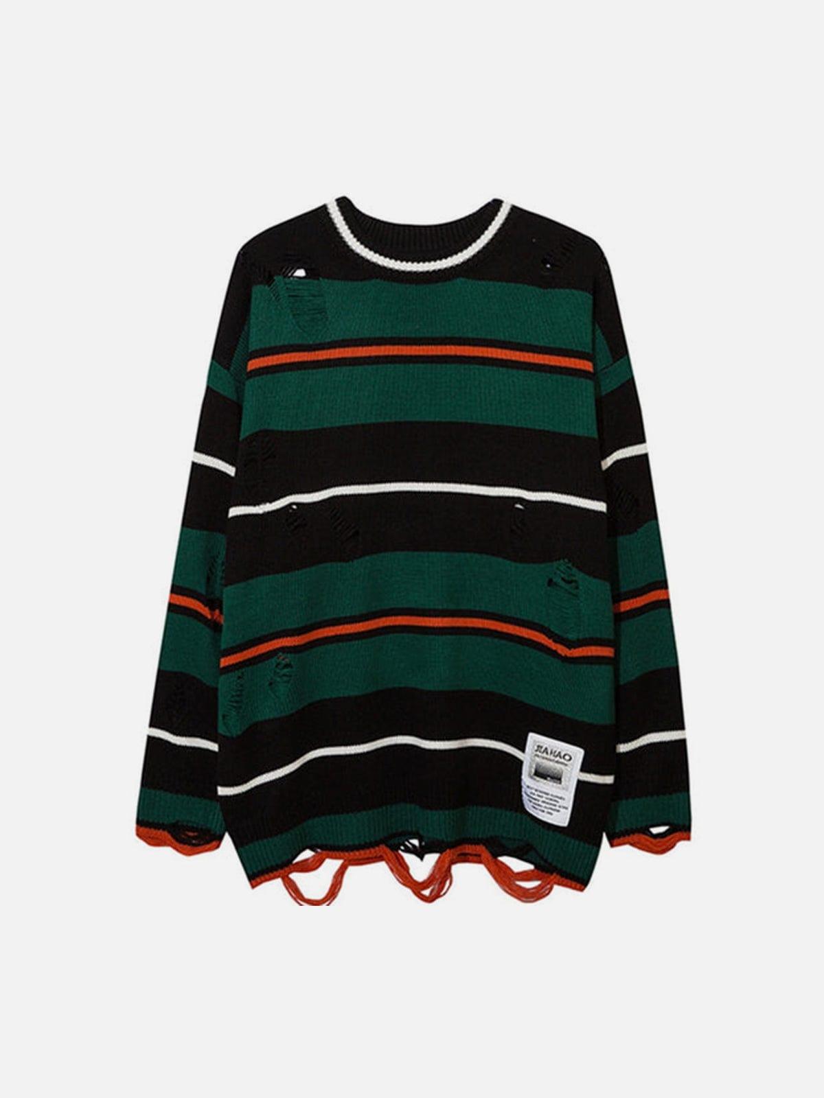 Ripped Hole Stripe Knit Sweater