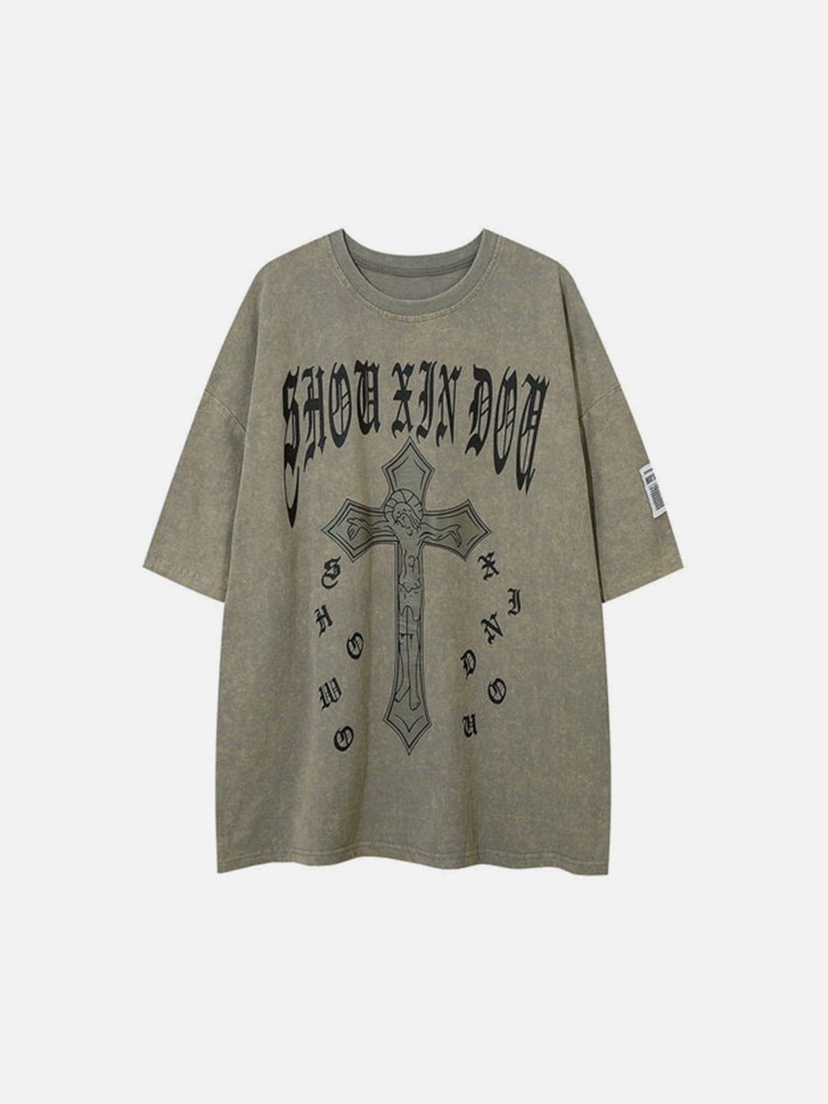 Cross Print Washed Graphic Tee