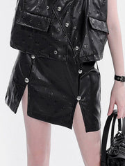 Punk Sanskrit Embossed Slit PU Skirt