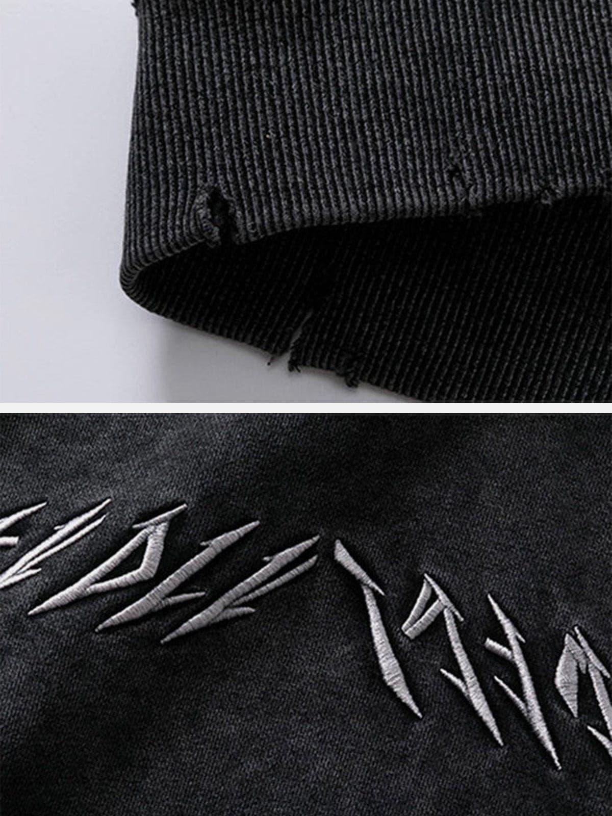 Ripped Hole Letters Embroidery Washed Hoodie