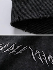 Ripped Hole Letters Embroidery Washed Hoodie