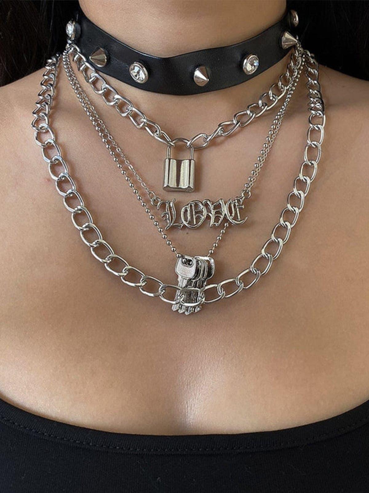 Punk PU Lock Shape Key Multiple Necklace