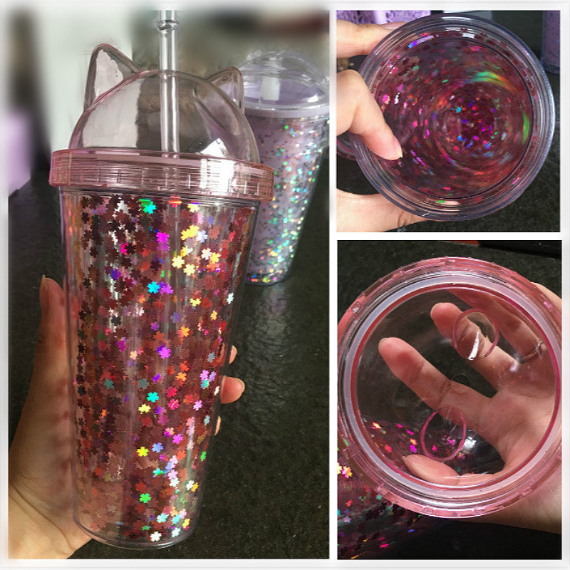 Kawaii Sequined Double Wall Cat Ears Bottle