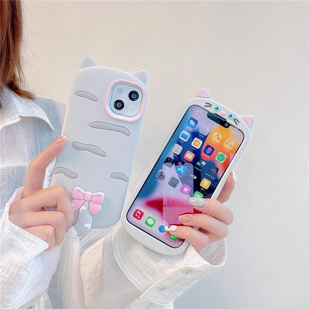 3D Cartoon Bowknot Cat Cute Phone Cases For iPhone 15 14 Plus 13 12 11 Pro Max