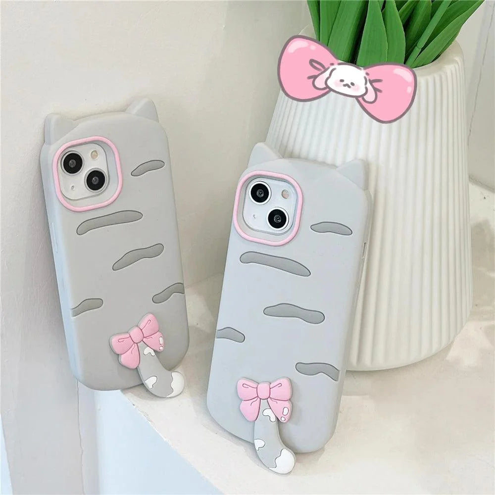 3D Cartoon Bowknot Cat Cute Phone Cases For iPhone 15 14 Plus 13 12 11 Pro Max