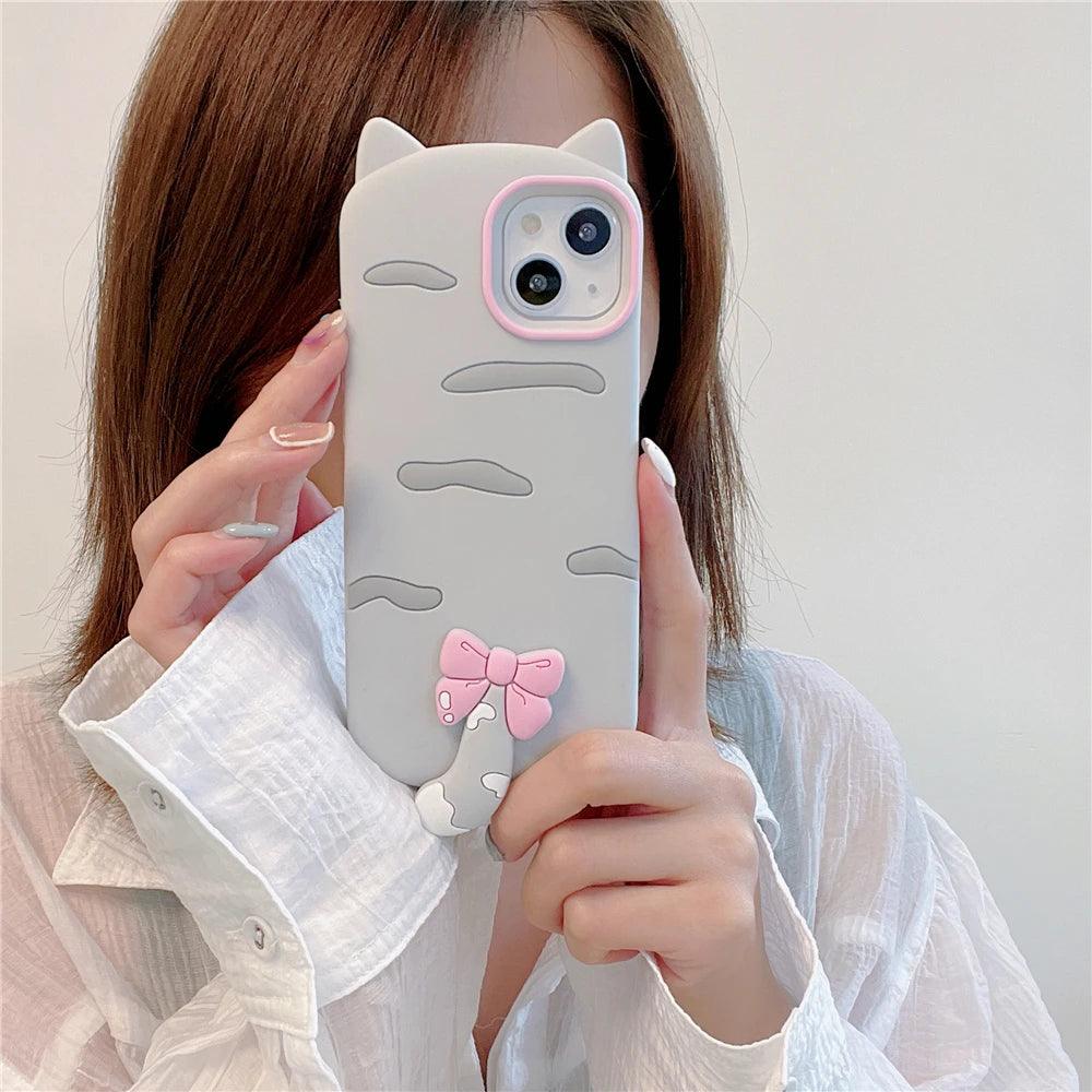 3D Cartoon Bowknot Cat Cute Phone Cases For iPhone 15 14 Plus 13 12 11 Pro Max