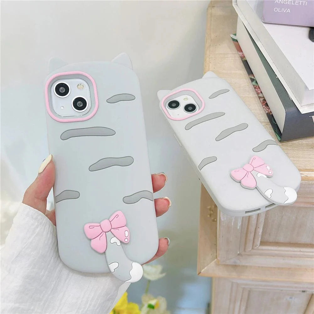 3D Cartoon Bowknot Cat Cute Phone Cases For iPhone 15 14 Plus 13 12 11 Pro Max