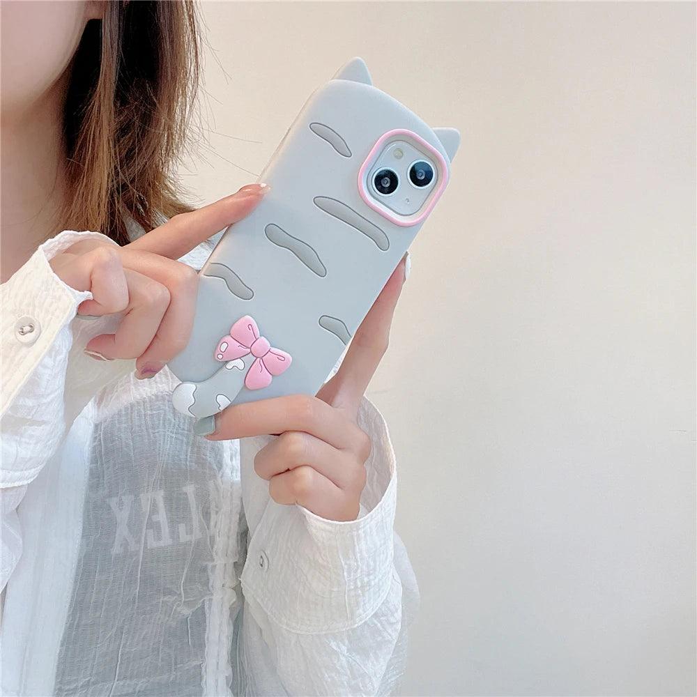 3D Cartoon Bowknot Cat Cute Phone Cases For iPhone 15 14 Plus 13 12 11 Pro Max