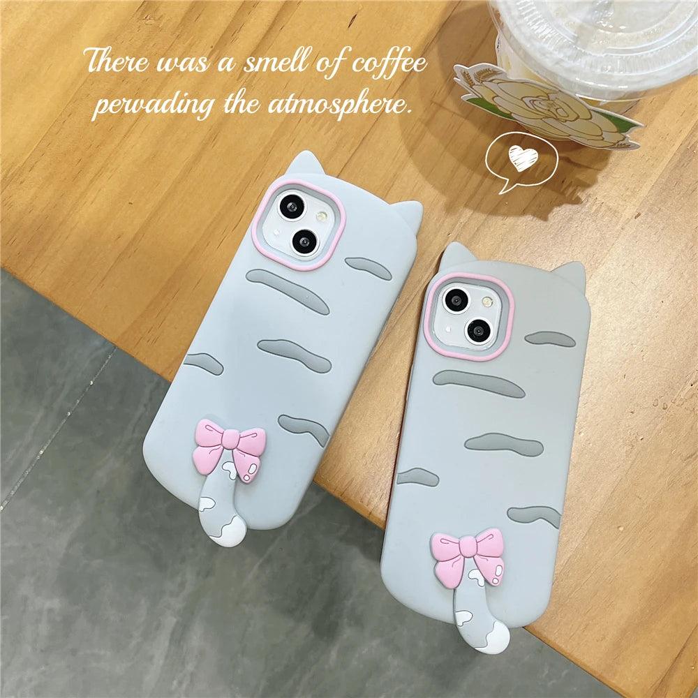 3D Cartoon Bowknot Cat Cute Phone Cases For iPhone 15 14 Plus 13 12 11 Pro Max